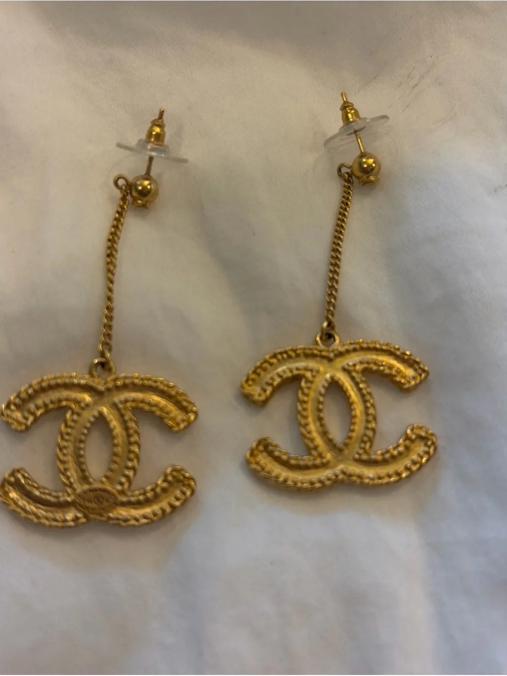 CHANEL Gold Double C Drop Chain Earrings
